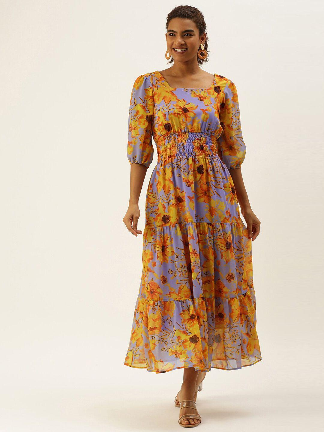 sangria floral printed fit & flared shaped waist smocked details dress