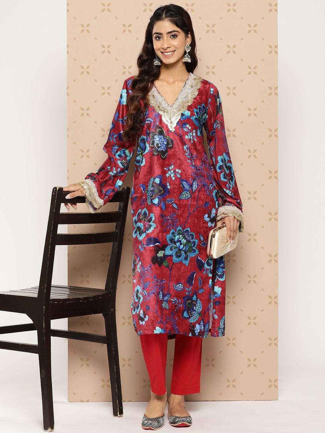 sangria floral printed flared sleeves gotta patti detailed kurta