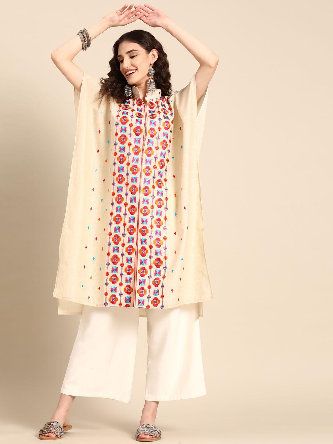 sangria floral printed flared sleeves jacquard cotton kaftan kurta