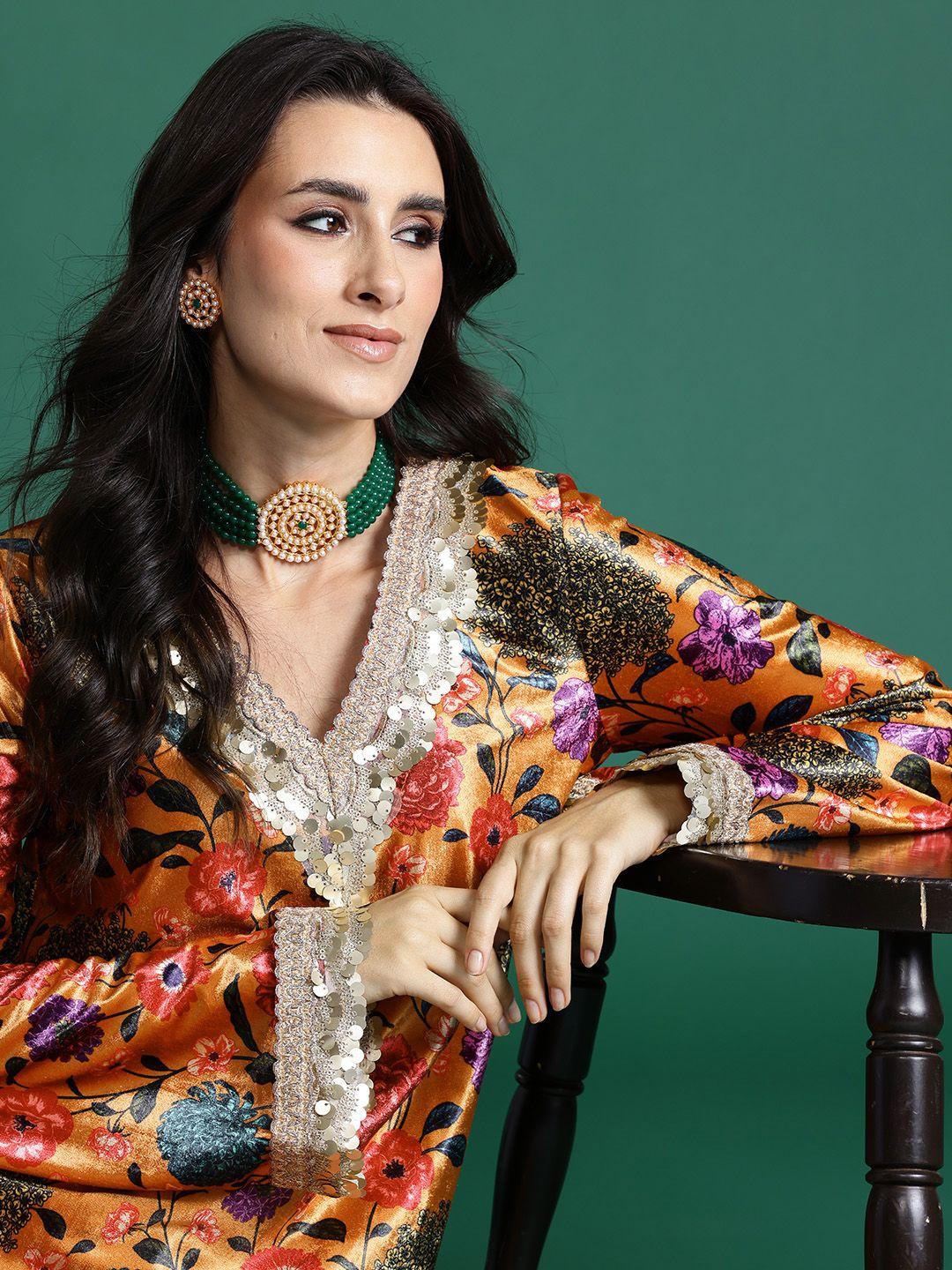 sangria floral printed flared sleeves sequin detail kurta