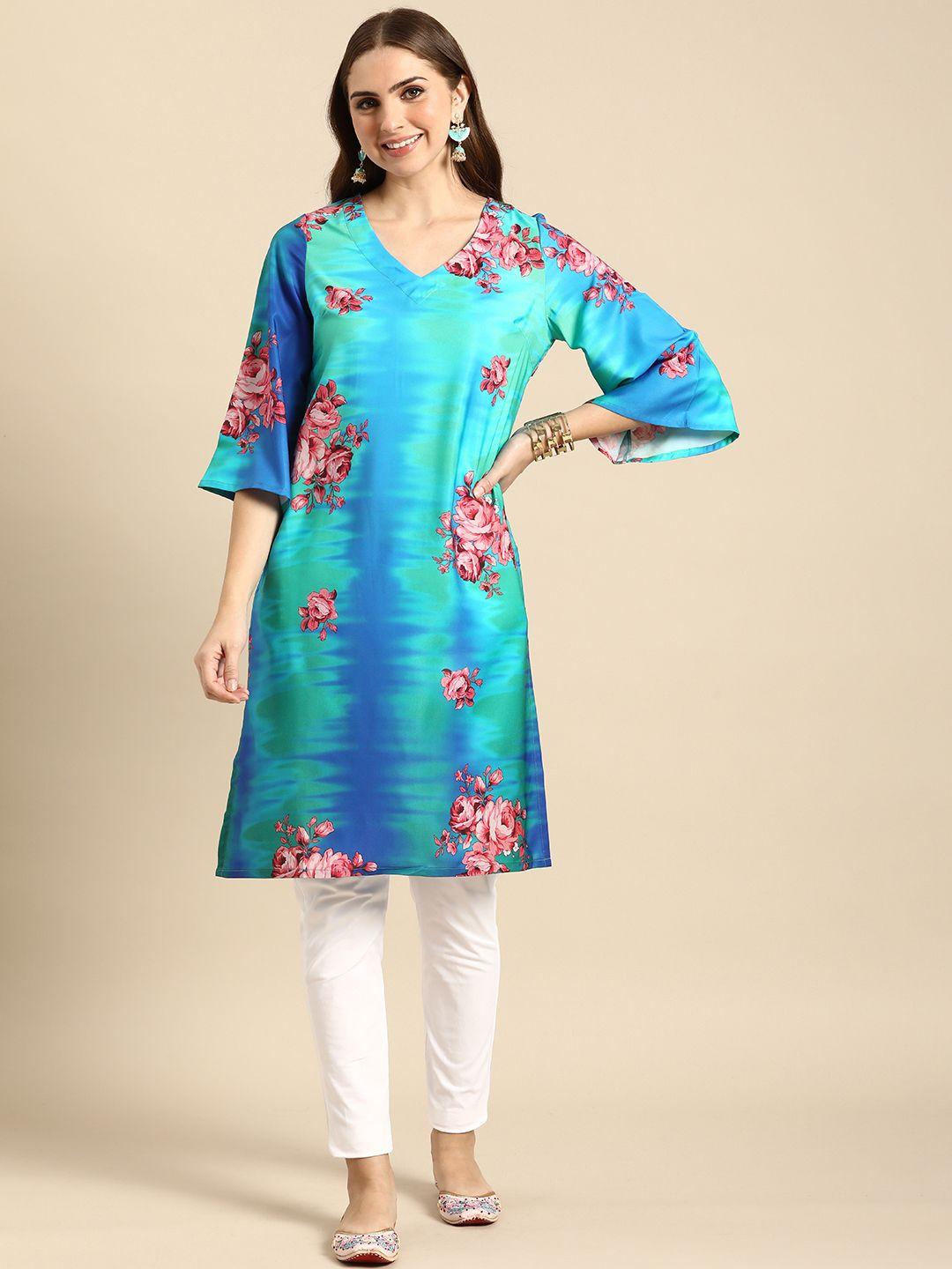 sangria floral printed flared sleeves straight kurta