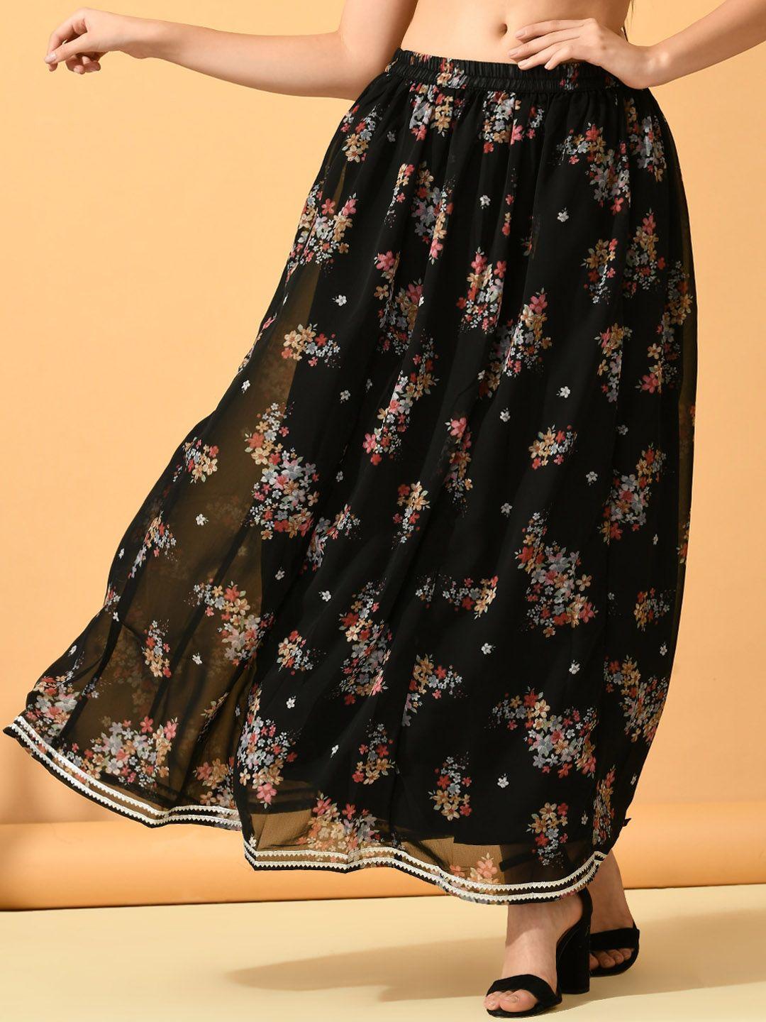 sangria floral printed gathered detail flared skirt