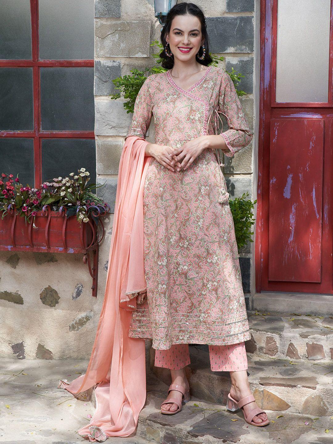 sangria floral printed gotta patti detail cotton a-line kurta with trousers & dupatta