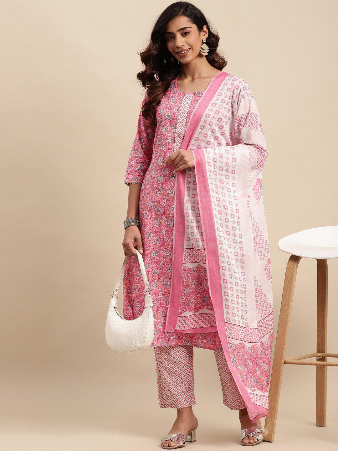 sangria floral printed gotta patti pure-cotton a-line kurta with trouser & dupatta