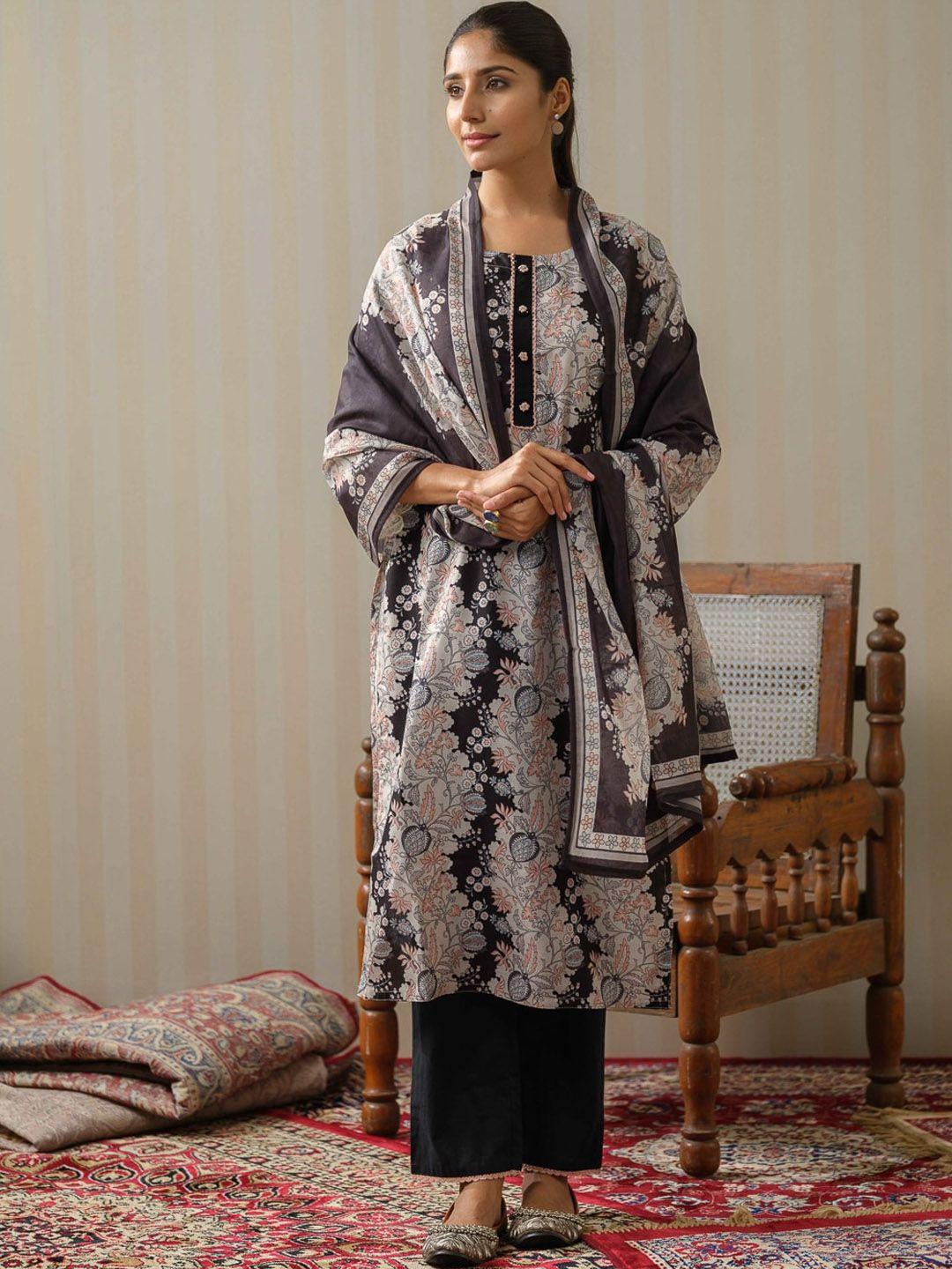 sangria floral printed linen a-line kurta with trousers & dupatta