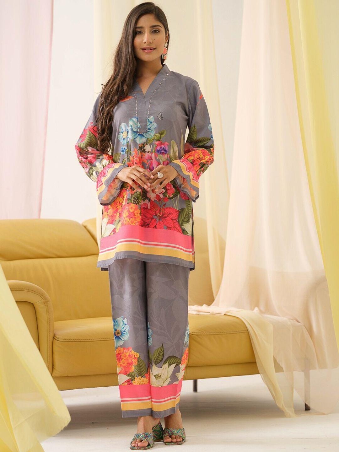 sangria floral printed linen kurta with trousers