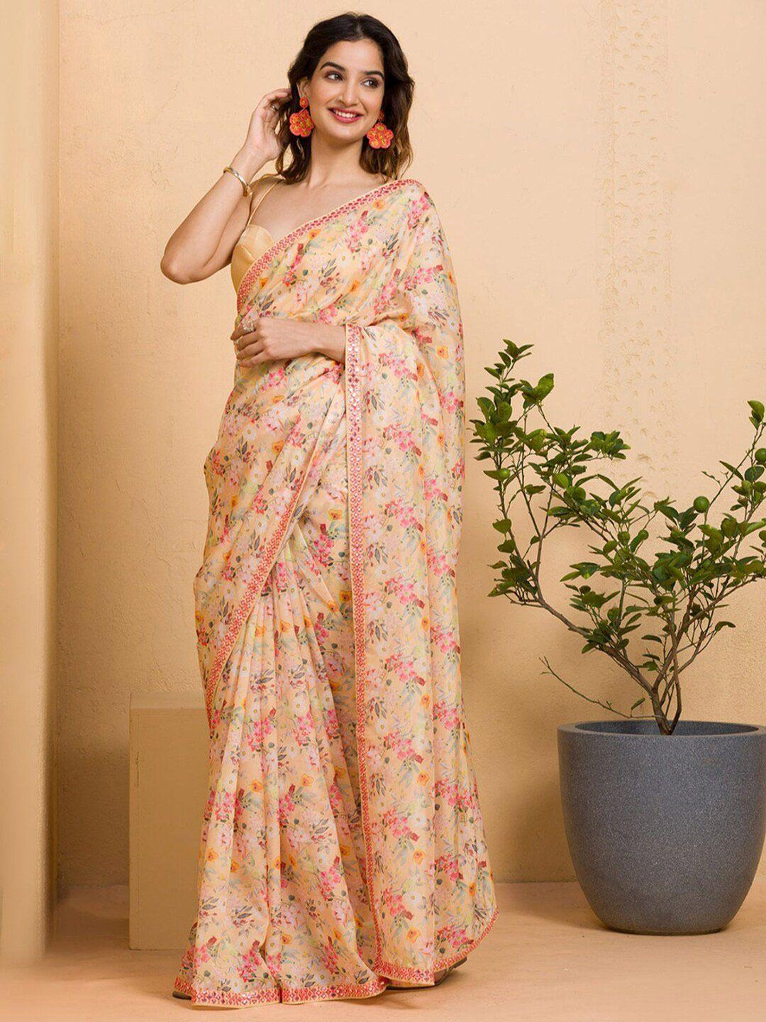 sangria floral printed mirror work saree