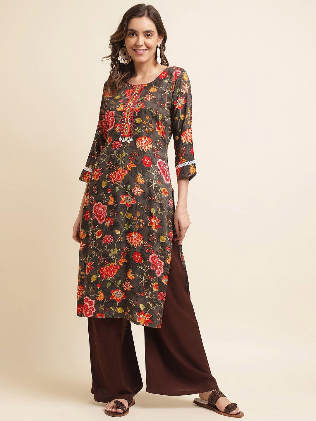 sangria floral printed mirror work straight kurta