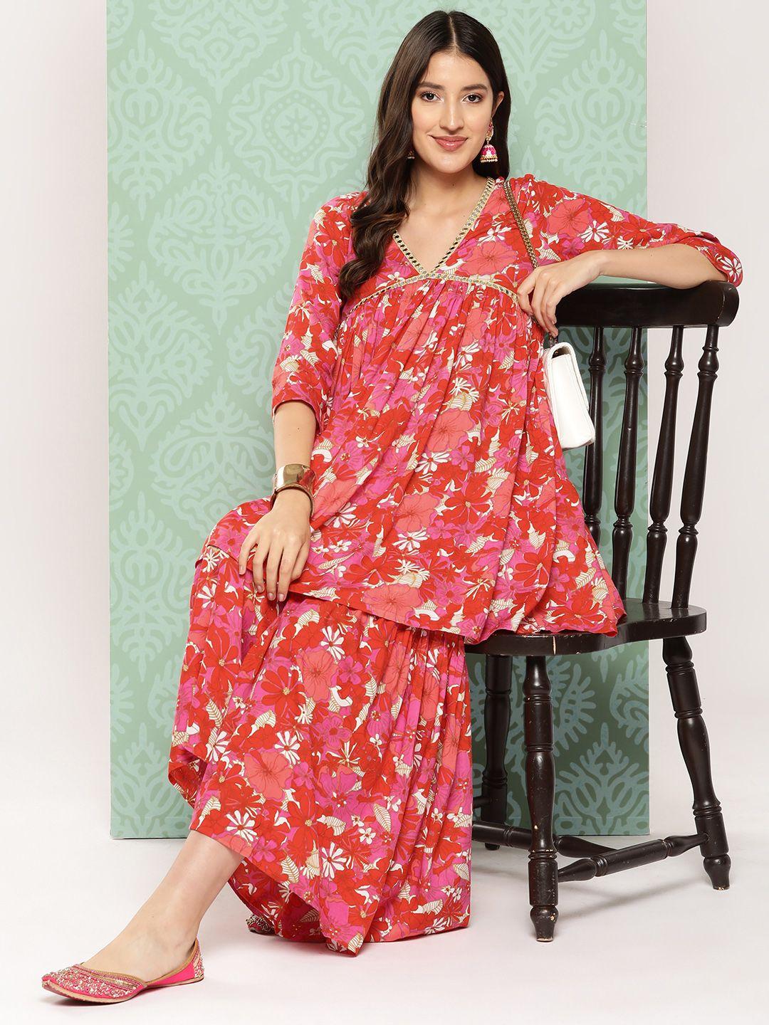 sangria floral printed pleated kurti & sharara set