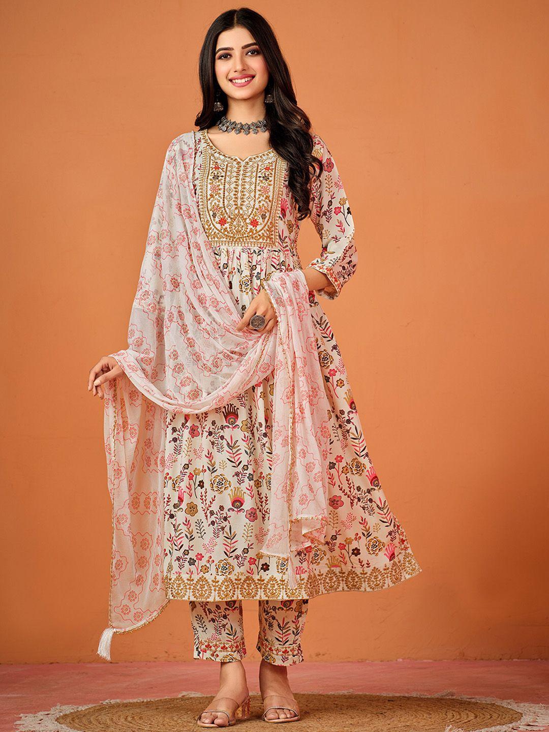 sangria floral printed pleated thread work kurta and trousers with dupatta