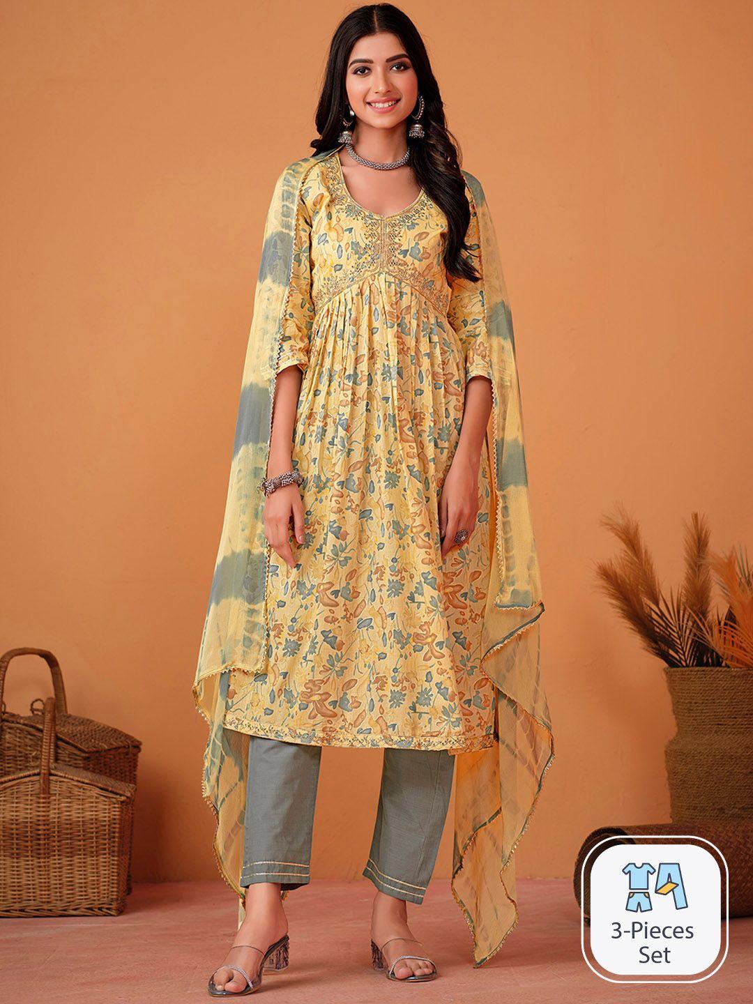 sangria floral printed pure cotton a-line kurta with trouser & dupatta