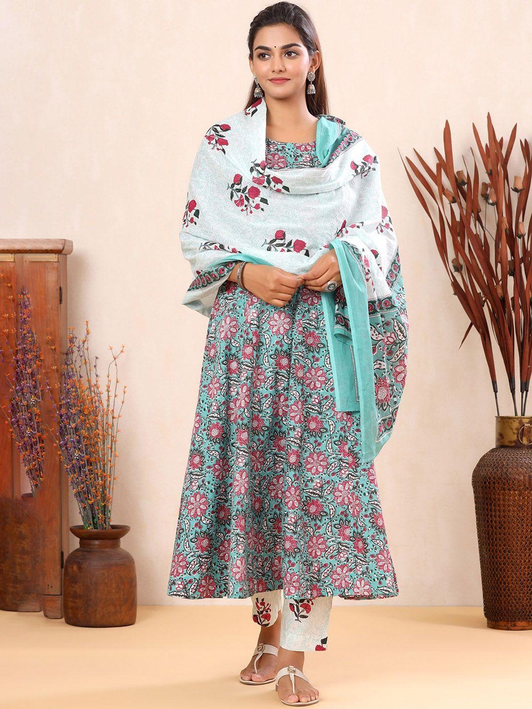 sangria floral printed pure cotton anarkali kurta & trouser with dupatta