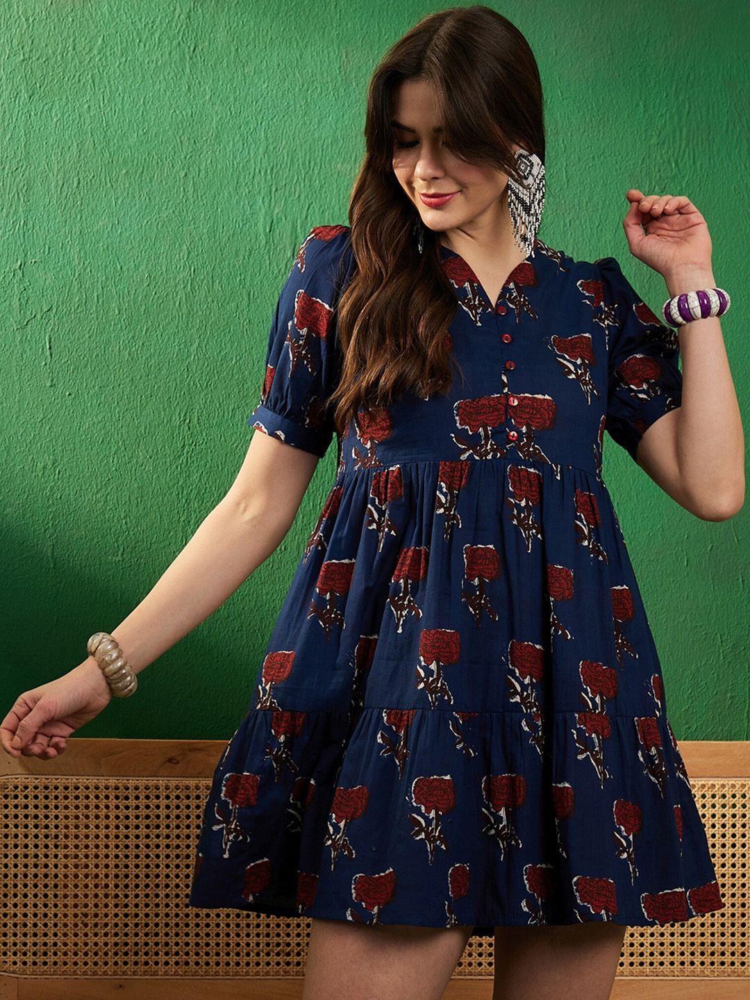 sangria floral printed pure cotton fit & flare mini ethnic dress