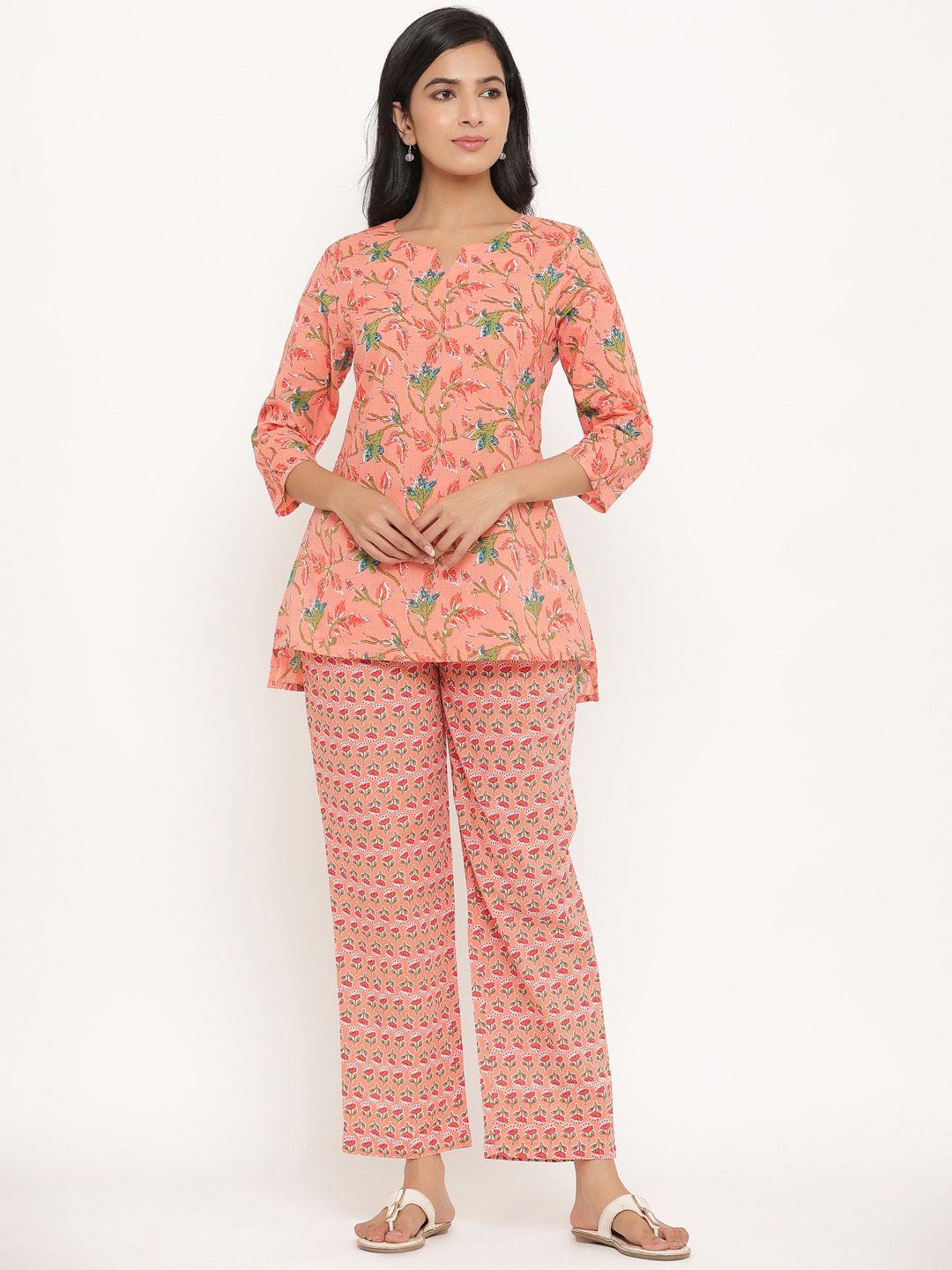 sangria floral printed pure cotton kurti with pyjamas