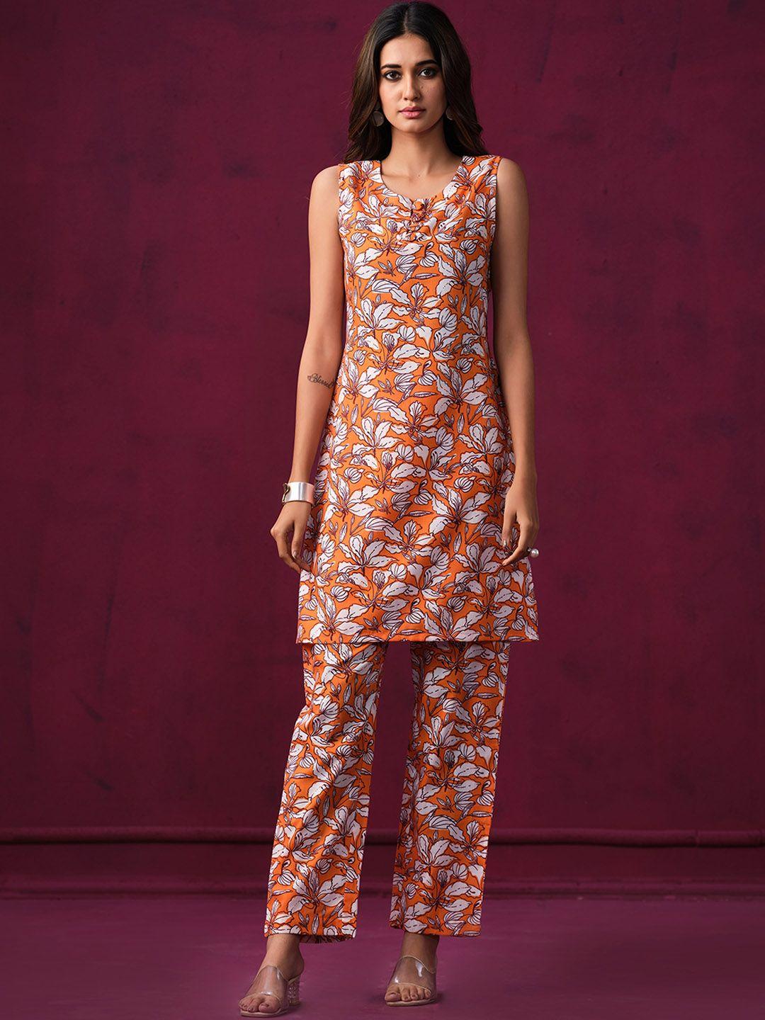 sangria floral-printed pure-cotton straight kurta with trouser