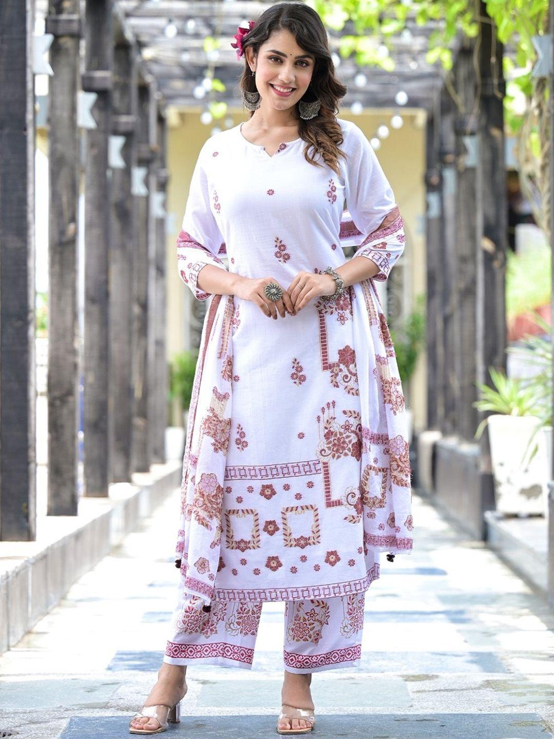 sangria floral printed pure cotton straight kurta with trousers&dupatta