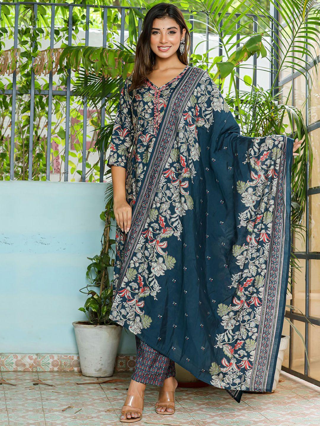 sangria floral-printed pure silk a-line kurta with trouser & dupatta