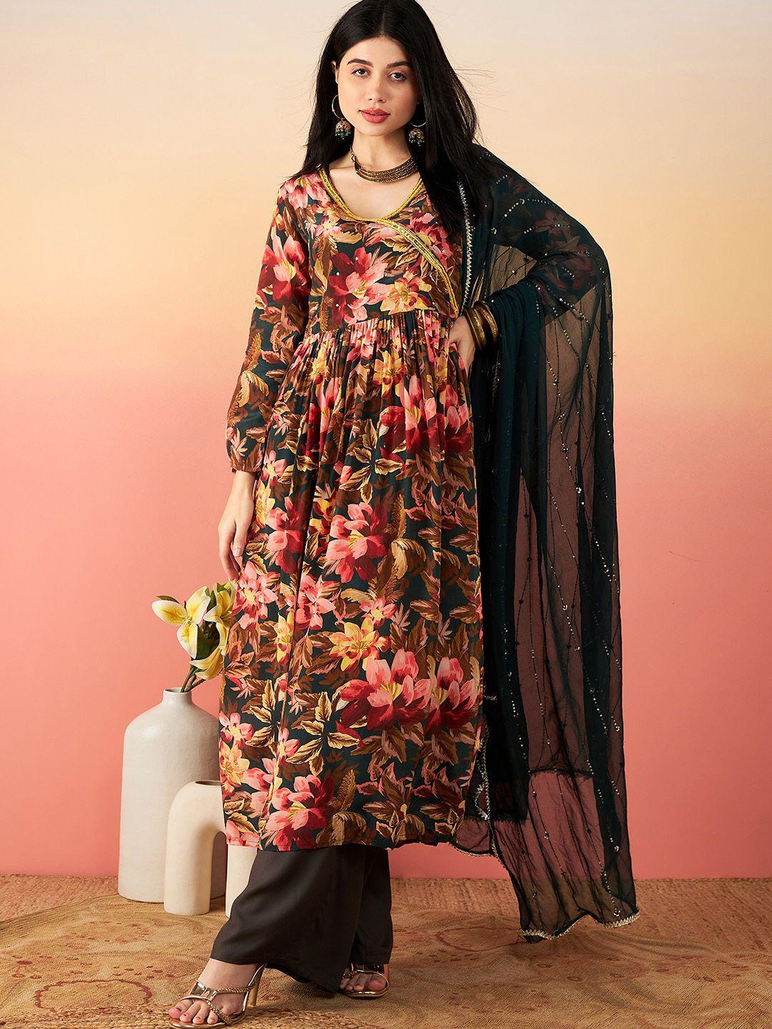 sangria floral printed pure silk kurta with palazzo with dupatta