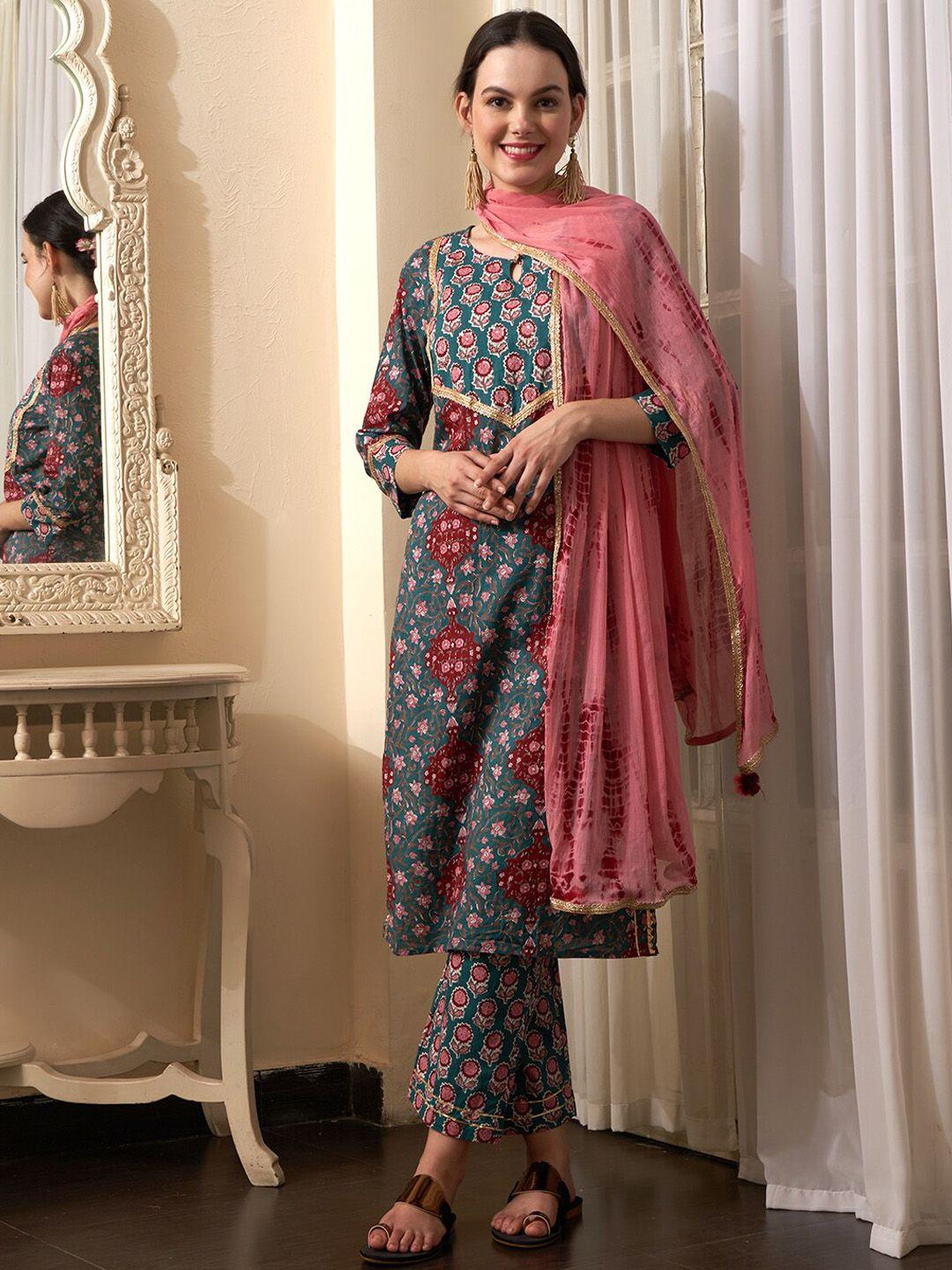 sangria floral printed regular gotta patti pure cotton kurta with trousers & dupatta