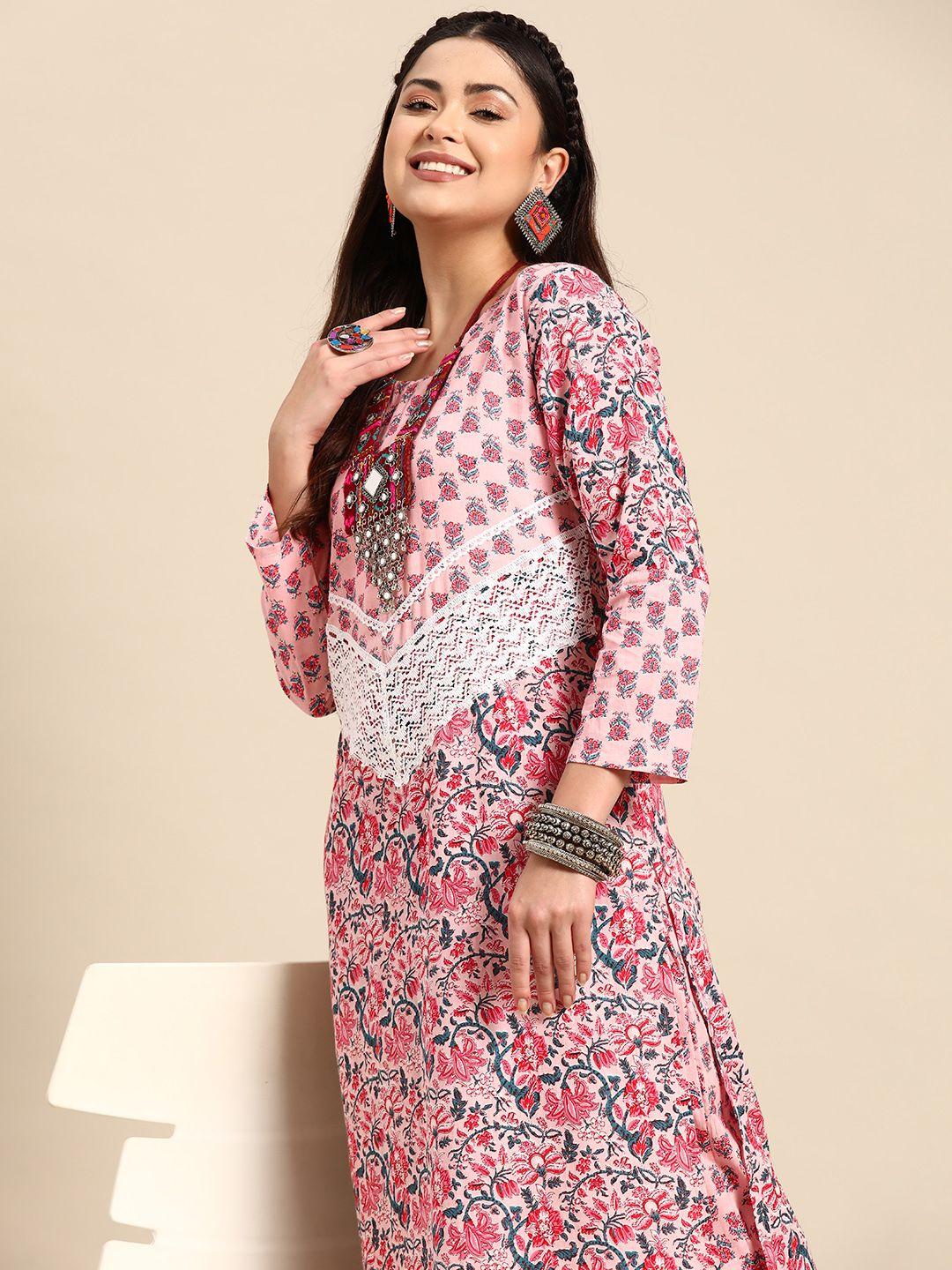 sangria floral printed regular pure cotton kurta with palazzos