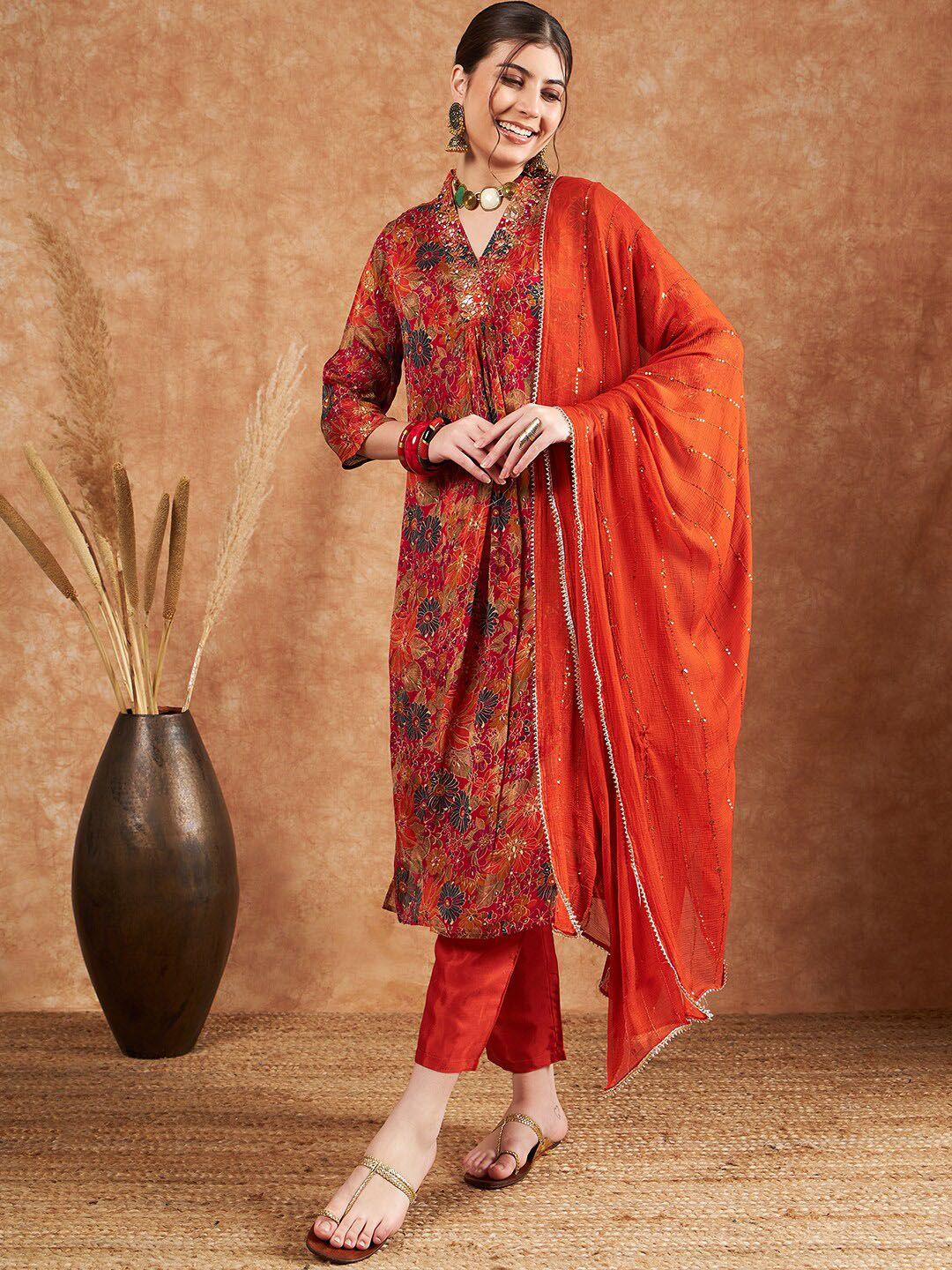 sangria floral printed sequined chinon kurta & shantoon trouser & silk georgette dupatta