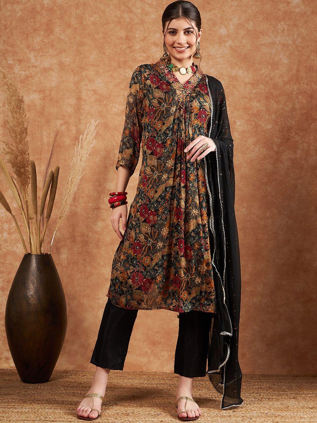 sangria floral printed sequinned straight kurta with trouser & dupatta