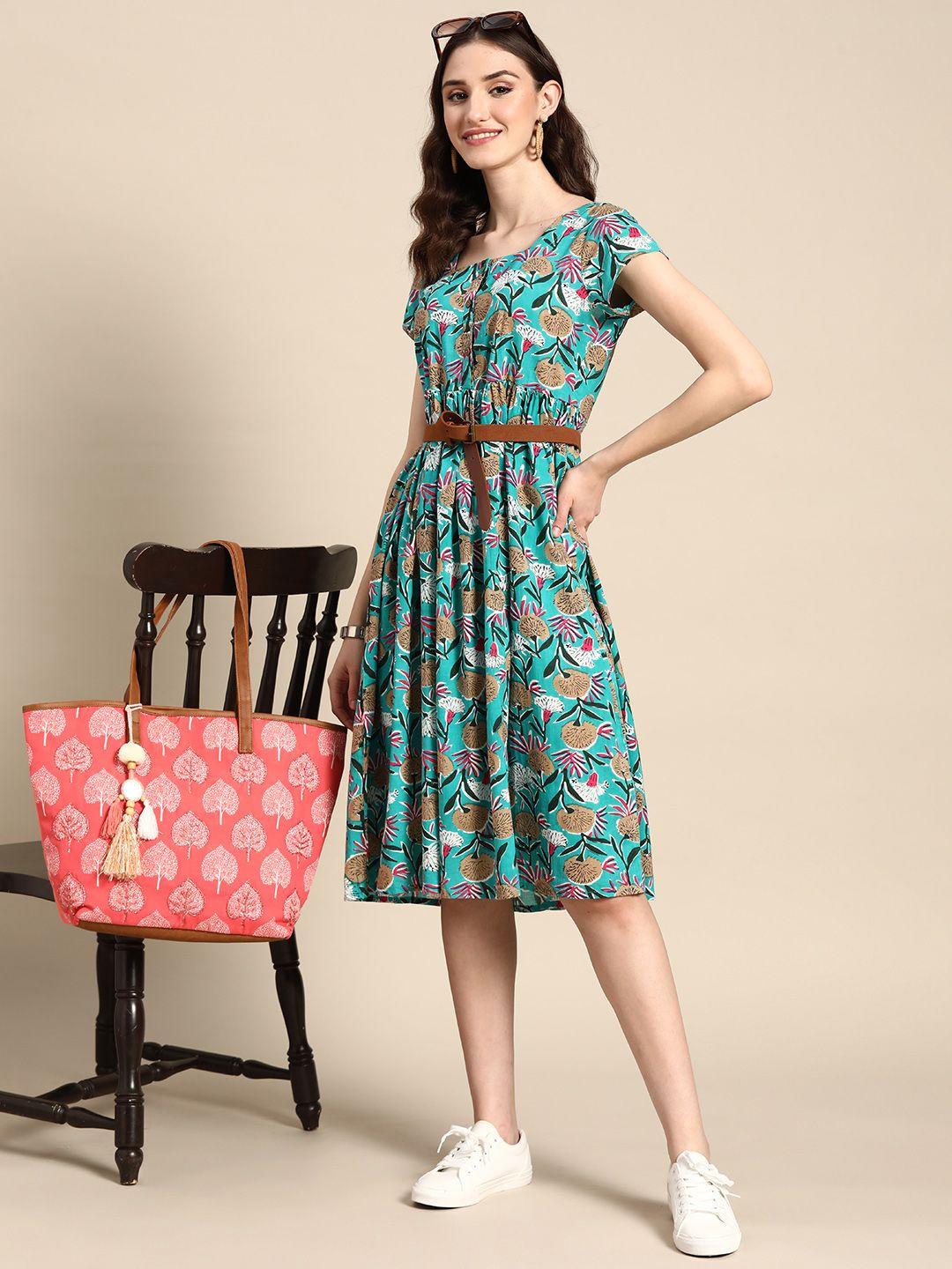 sangria floral printed square neck pure cotton fit & flare dress