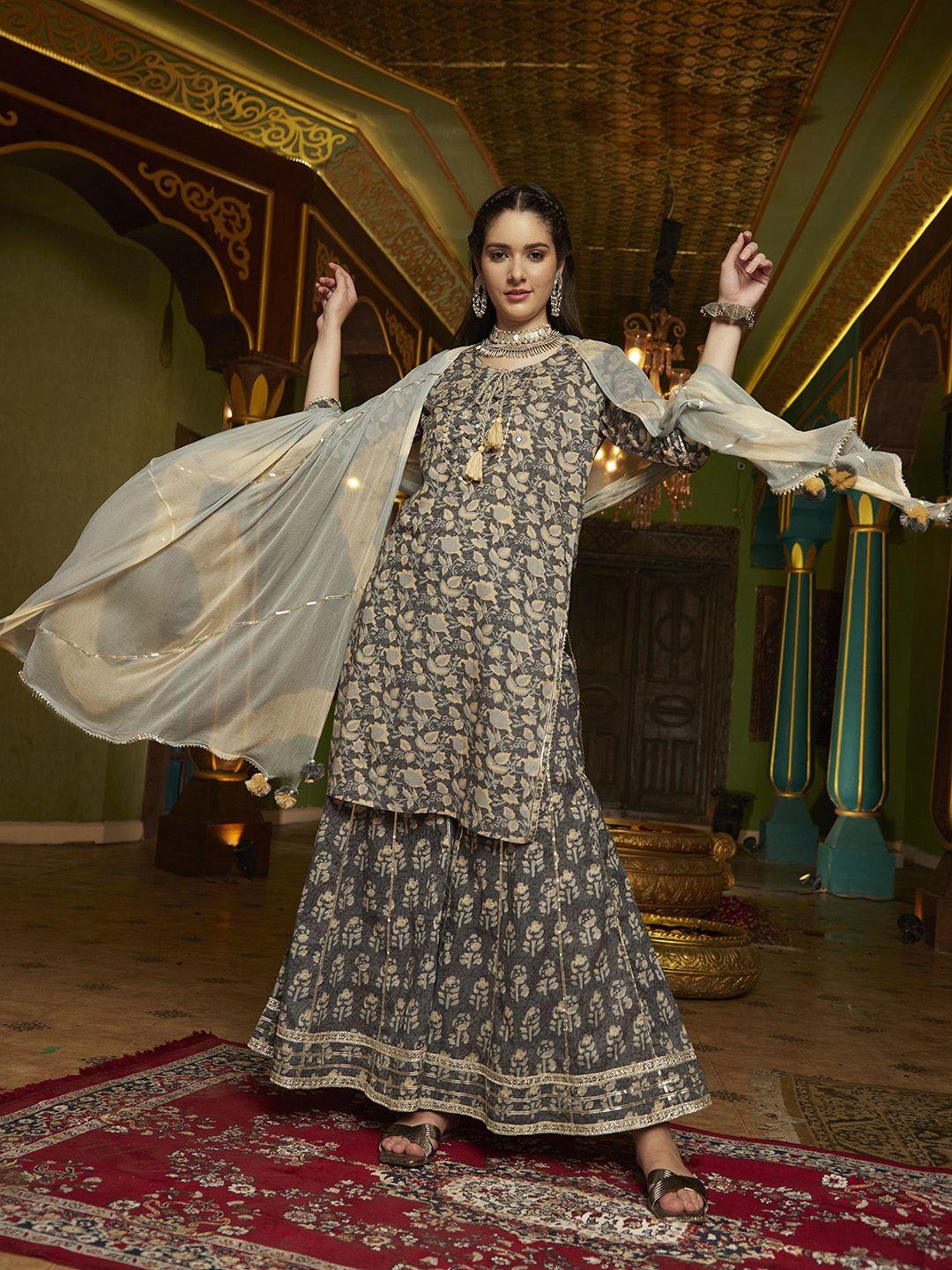 sangria floral printed straight kurta with sharara & dupatta