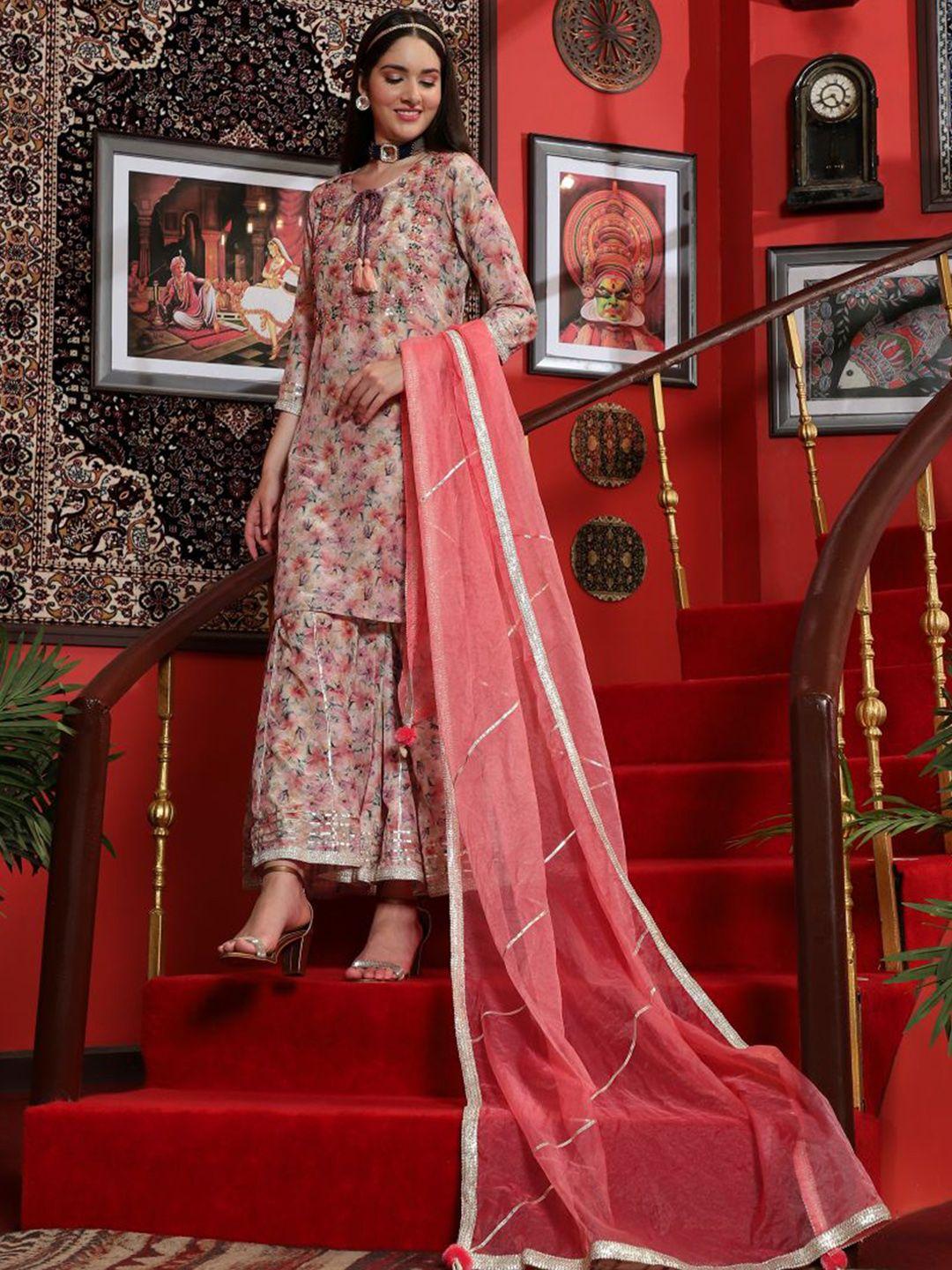 sangria floral printed straight kurta with sharara & dupatta