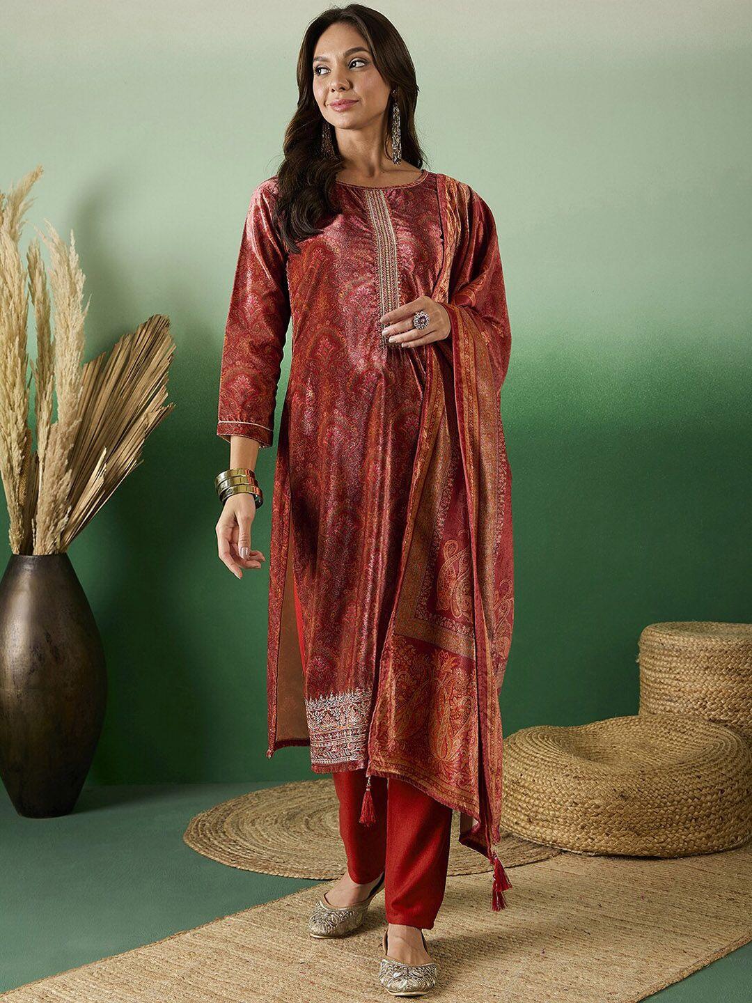 sangria floral printed straight kurta with trouser & dupatta