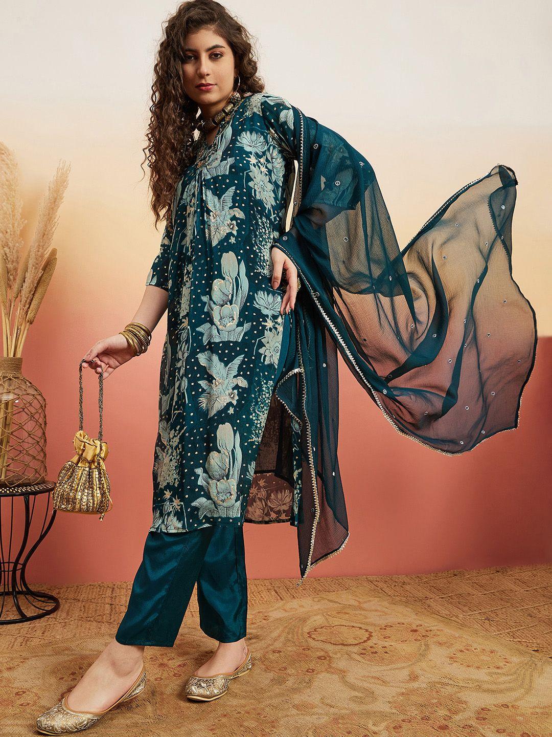 sangria floral printed straight kurta with trousers & dupatta