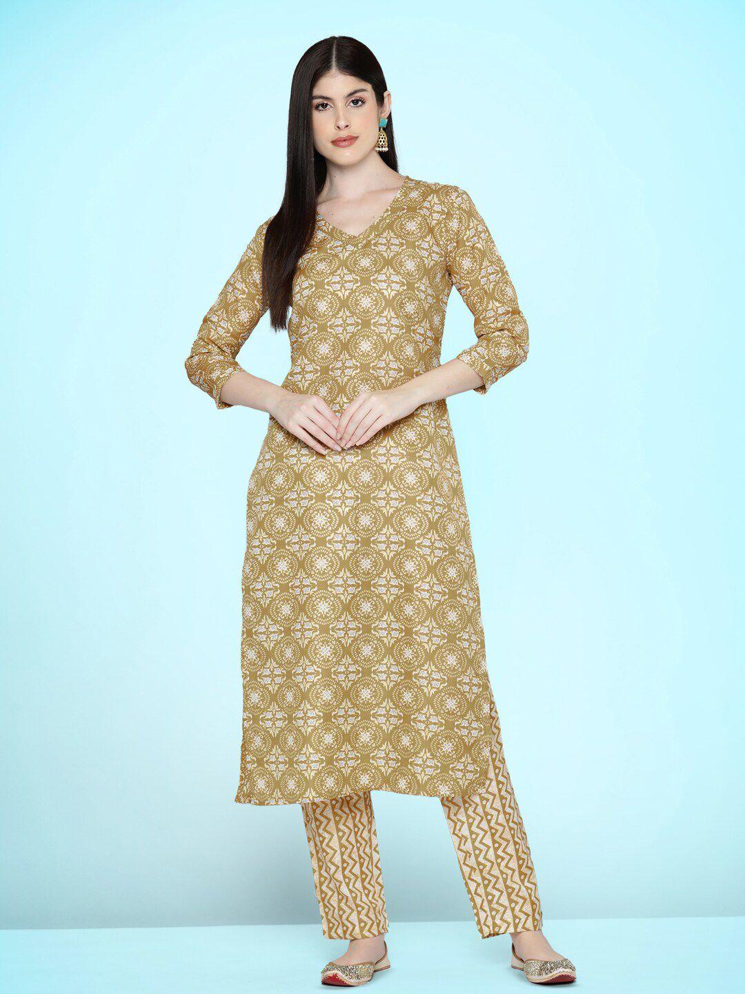 sangria floral printed straight round neck three-quarter sleeves kurta & trousers set