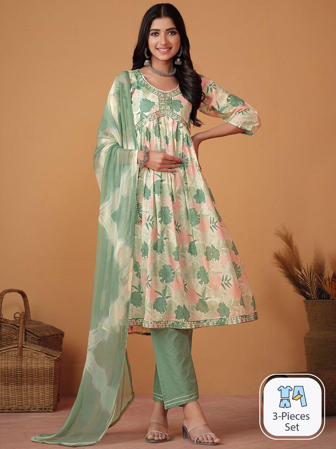 sangria floral printed thread work a-line empire kurta & trouser with dupatta