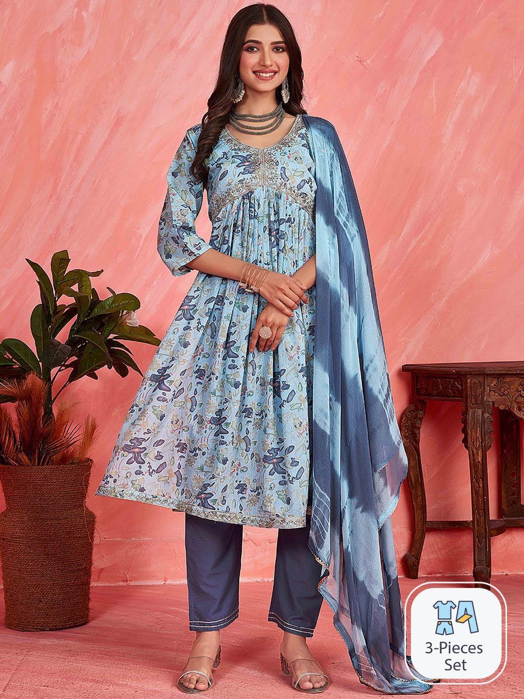 sangria floral printed thread work detail empire a-line kurta & trouser with dupatta