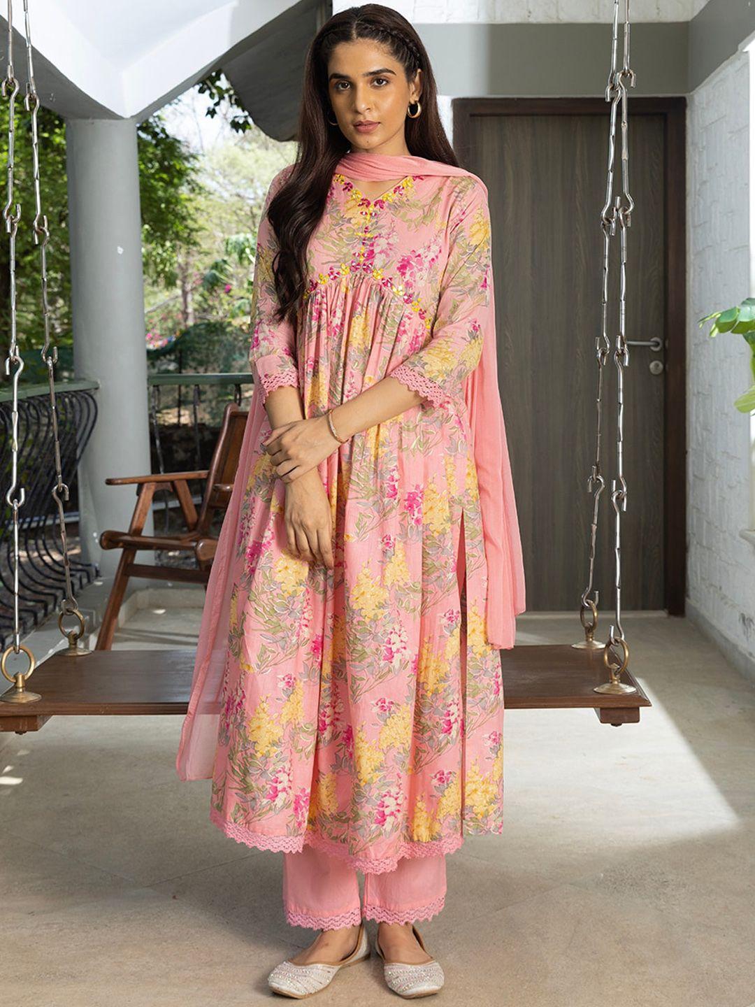 sangria floral printed thread work pure cotton a-line kurta with trouser & dupatta