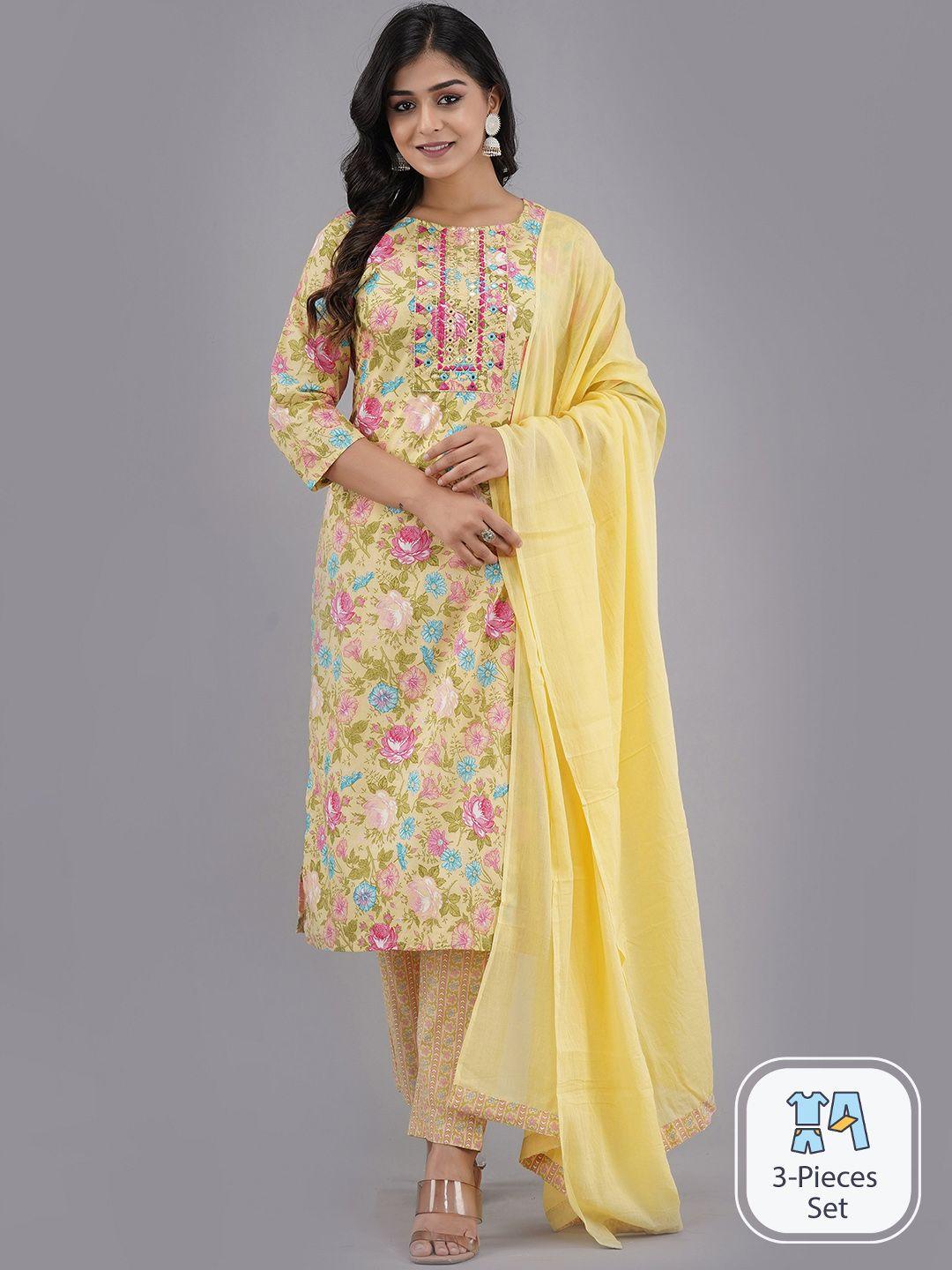 sangria floral printed thread work pure cotton straight kurta & trouser with dupatta set