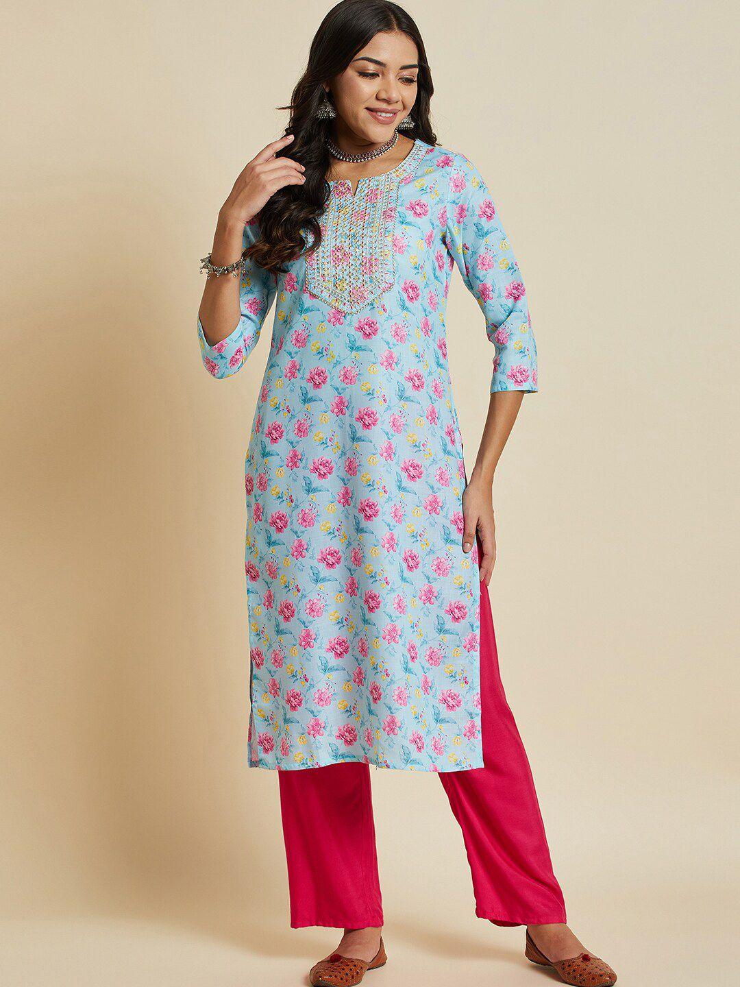 sangria floral printed thread work straight kurta