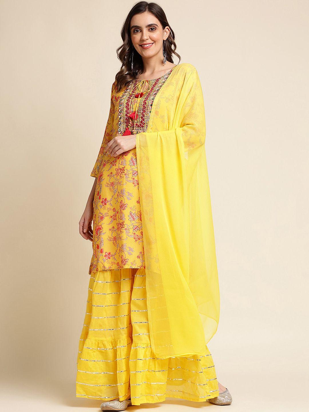 sangria floral printed thread work straight pure cotton kurta and sharara with dupatta