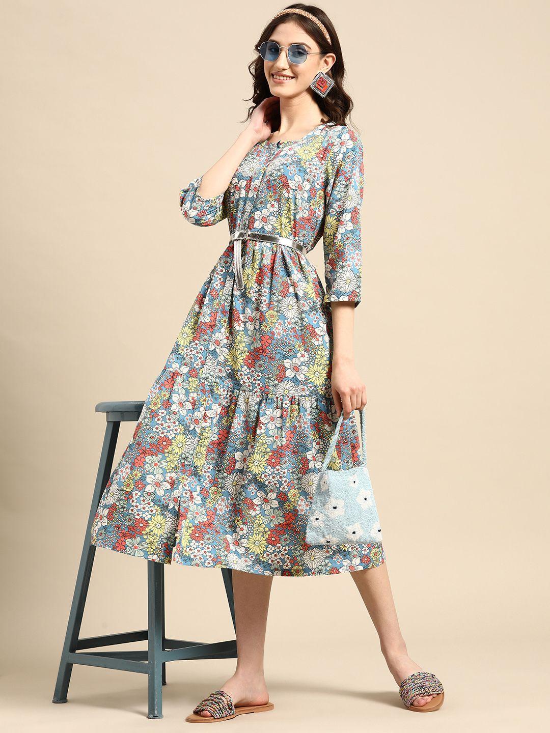 sangria floral printed tiered a-line dress