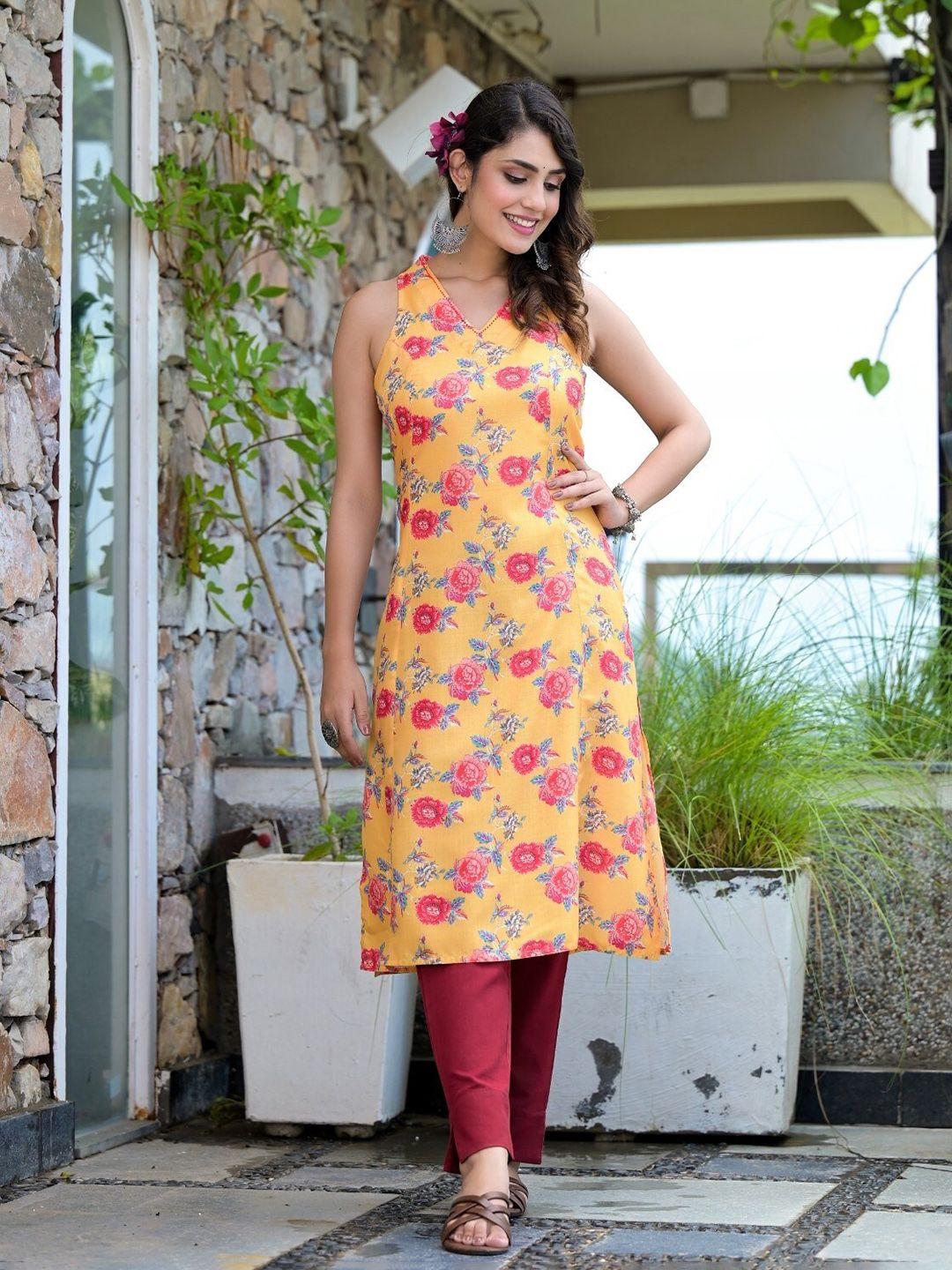 sangria floral printed v-neck a-line kurta