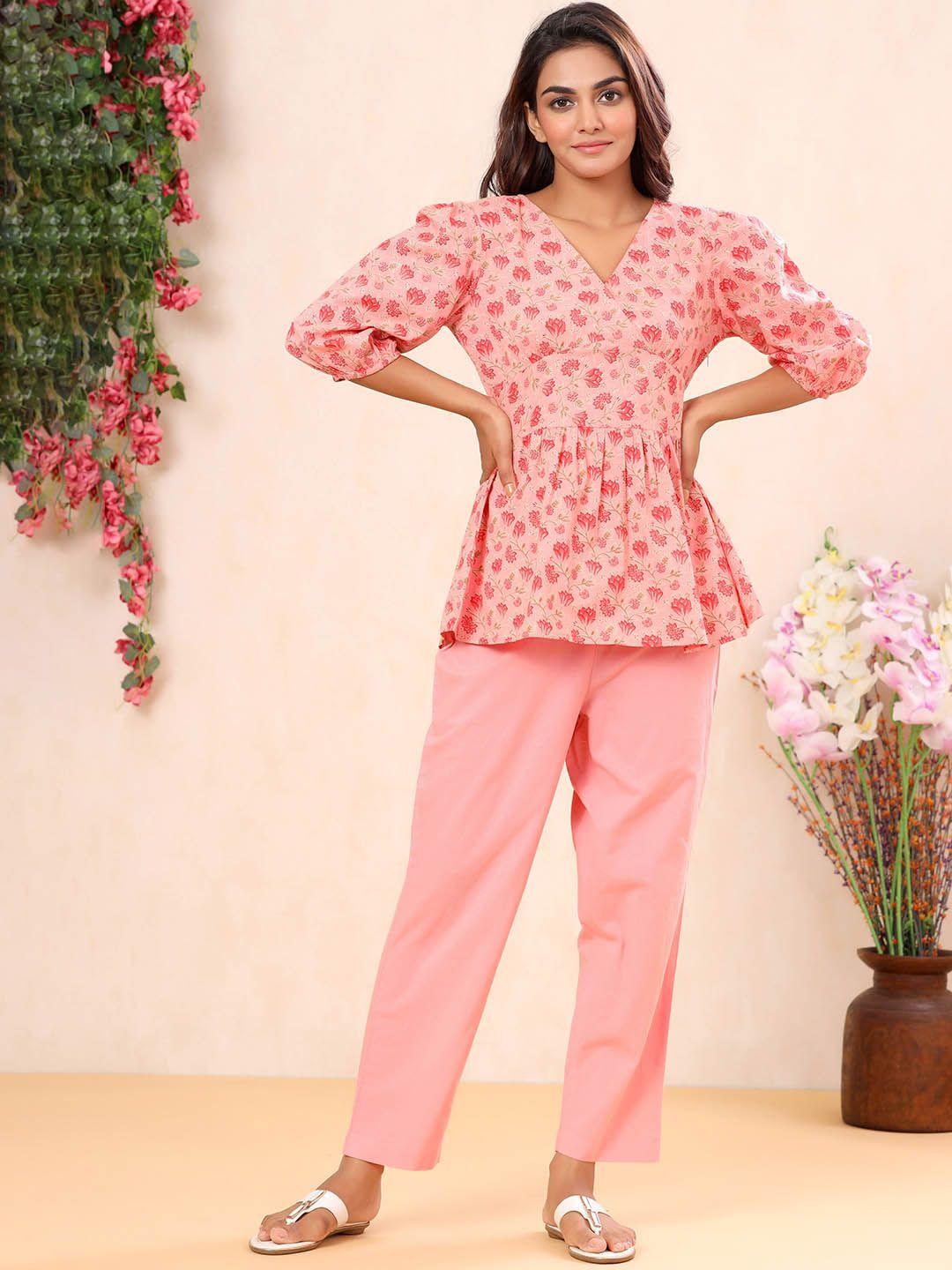 sangria floral printed v-neck a-line pure cotton top with trouser