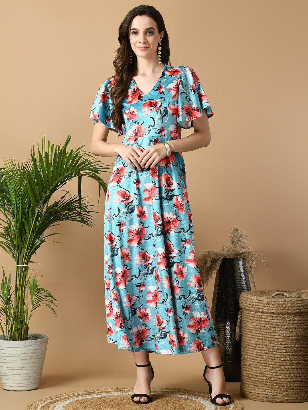 sangria floral printed v-neck flared sleeve fit & flare velvet dresses