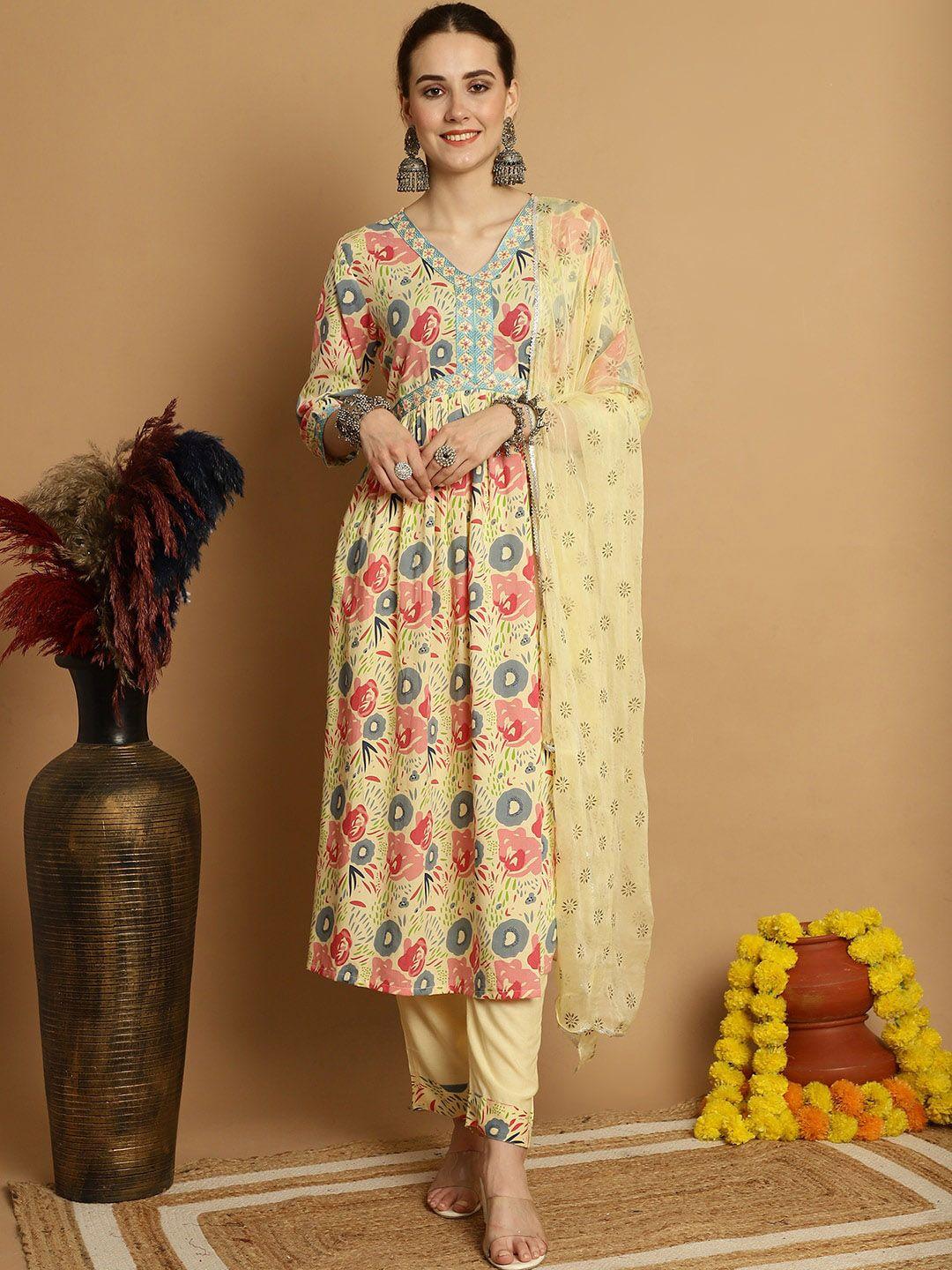 sangria floral printed v-neck kurta with trouser & dupatta