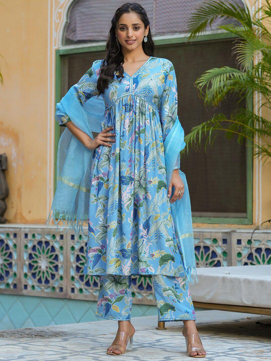 sangria floral printed v-neck kurta with trousers & dupatta