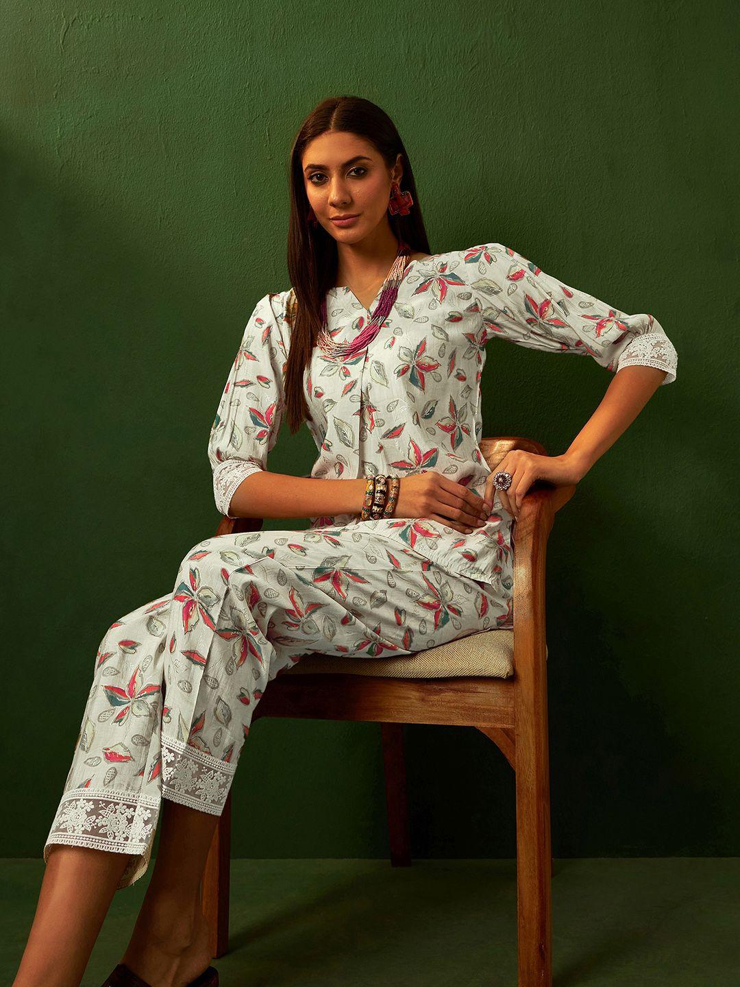 sangria floral printed v-neck tunic with trousers