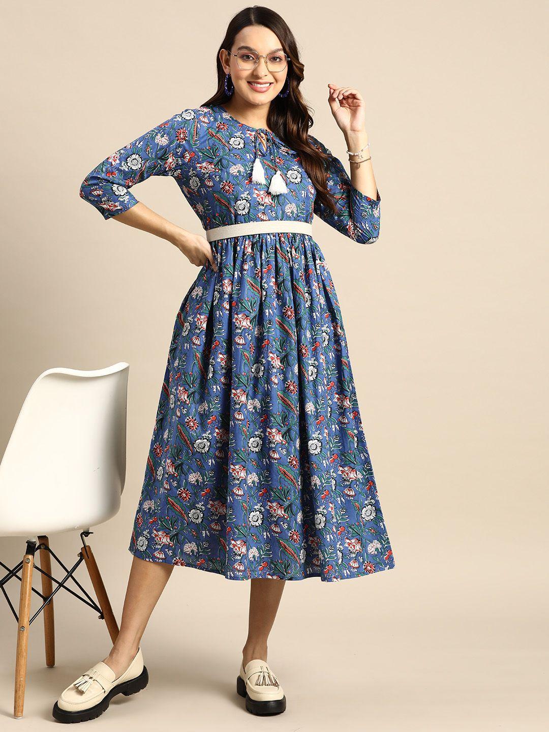 sangria floral tie-up neck a-line midi dress