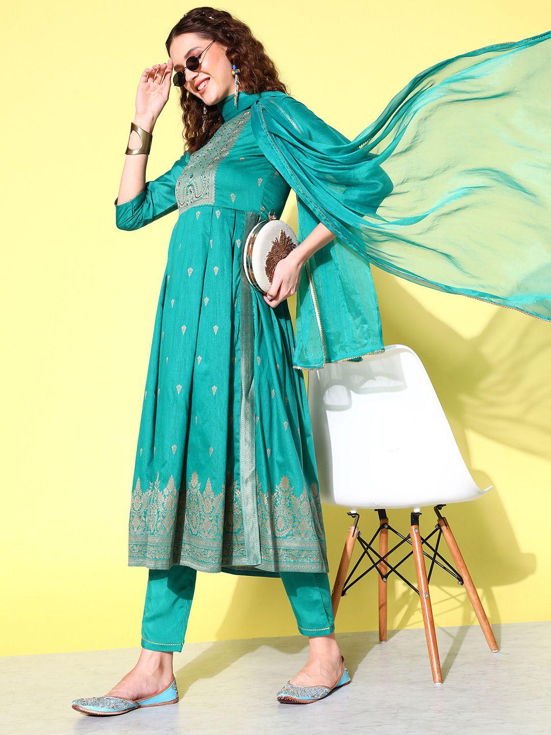 sangria floral yoke design pleated chanderi silk kurta with trousers & with dupatta