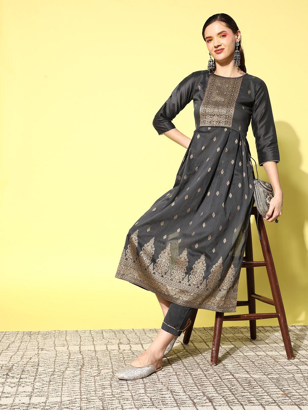 sangria floral yoke design pleated chanderi silk kurta with trousers