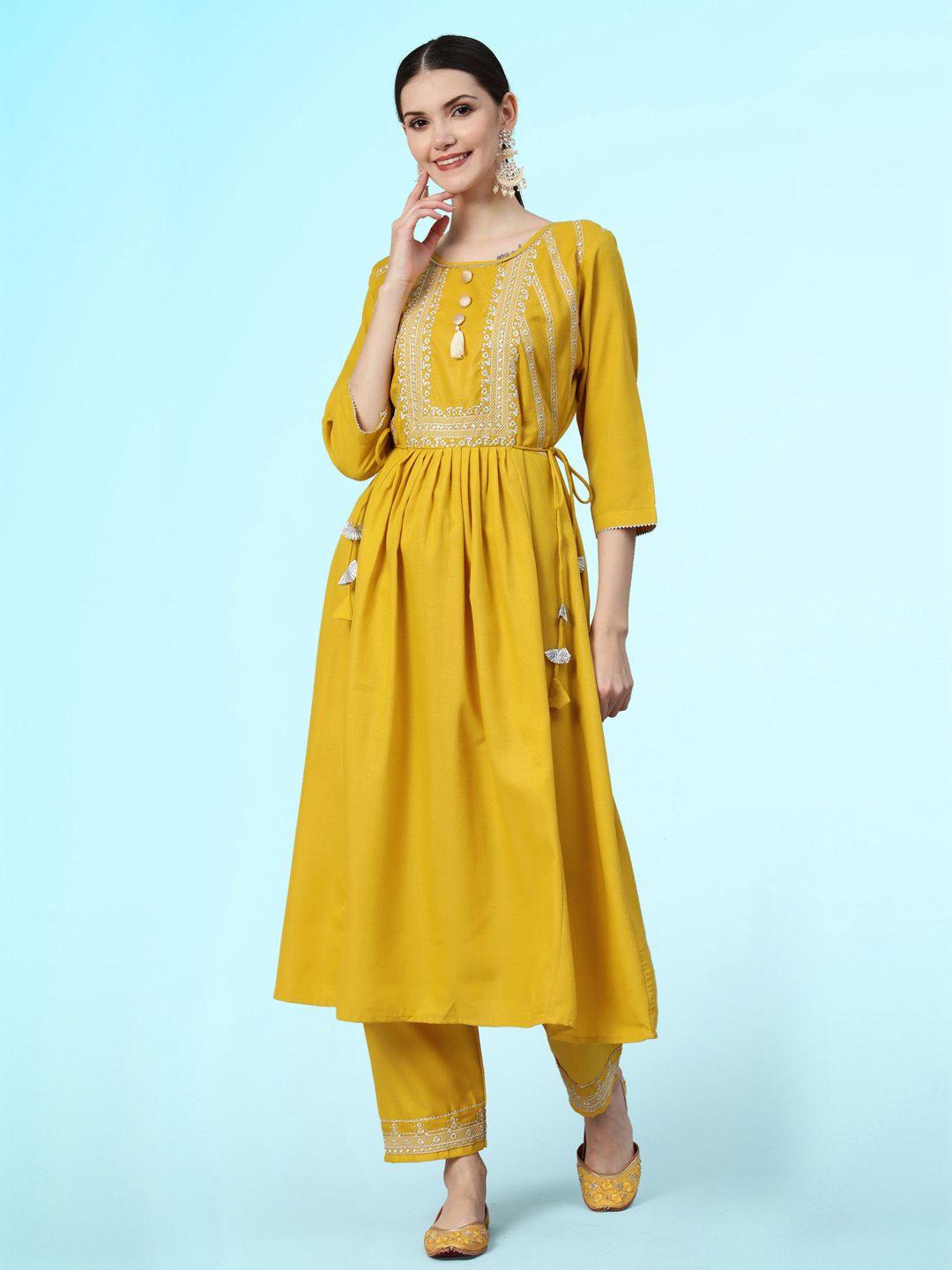 sangria floral yoke design thread work a-line kurta with trousers