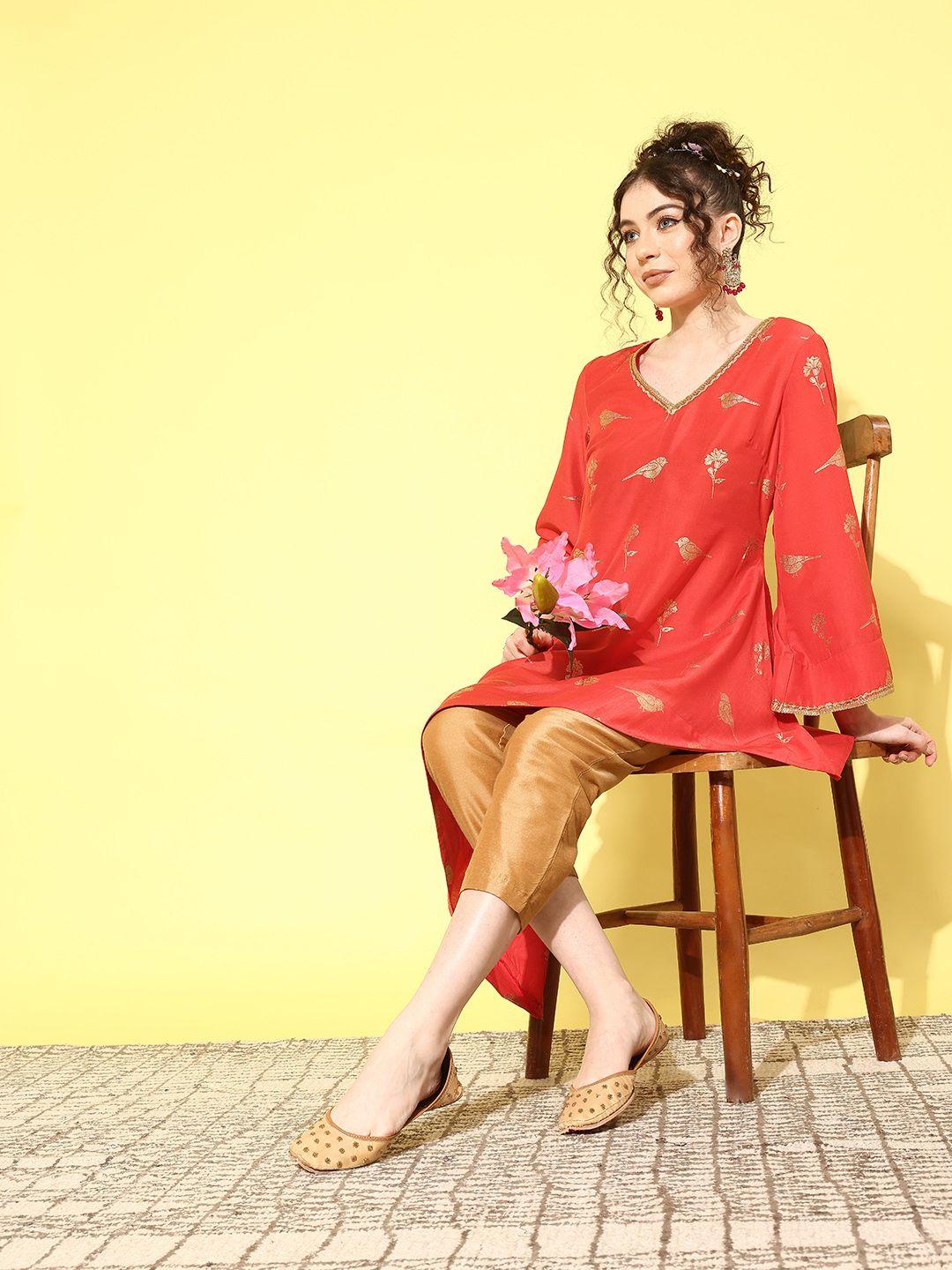 sangria foil printed asymmetric design flared sleeves kurta